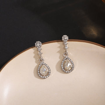 Silver Crystal Teardrop Drop Stud Earrings Pave Halo
