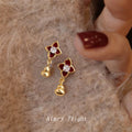 Wine Red Enamel Flower Stud Earrings With Gold Gourd Dangles view 4