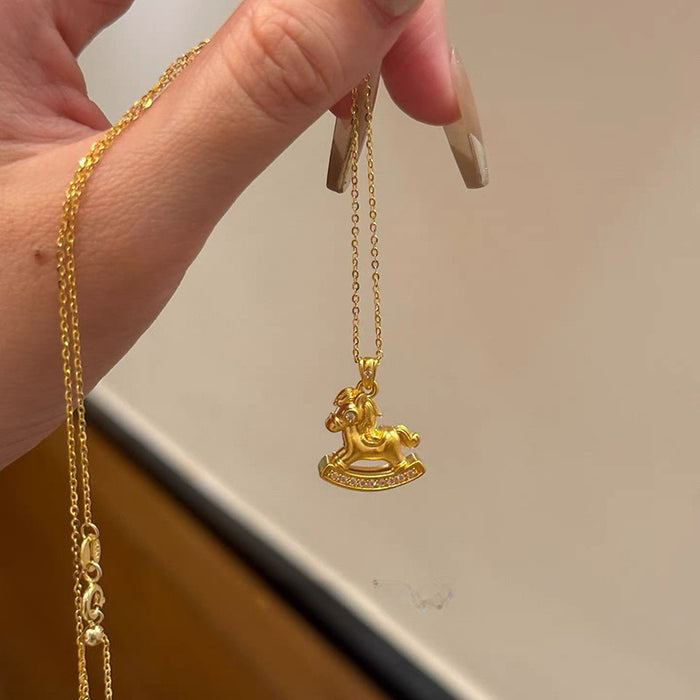 Gold Tone Rocking Horse Figural Pendant Chain Necklace