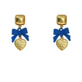Gold Square Stud Blue Bow Heart Charm Drop Earrings Pair view 5