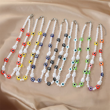 Faux Pearl and Colored Evil Eye Necklaces in Seven Colors