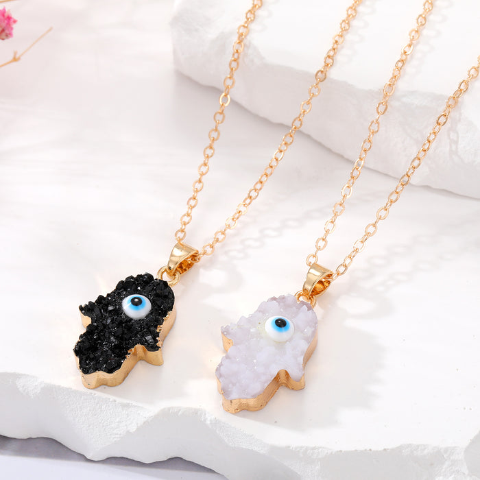 Gold Tone Black and White Druzy Hamsa Blue Evil Eye Pendant Necklaces