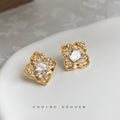 Gold Floral Clear Crystal Geometric Stud Clip Earrings view 1