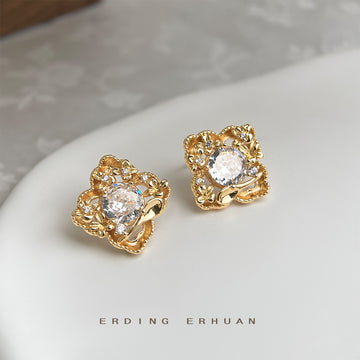 Gold Floral Cluster Clear Crystal Geometric Clip Earrings