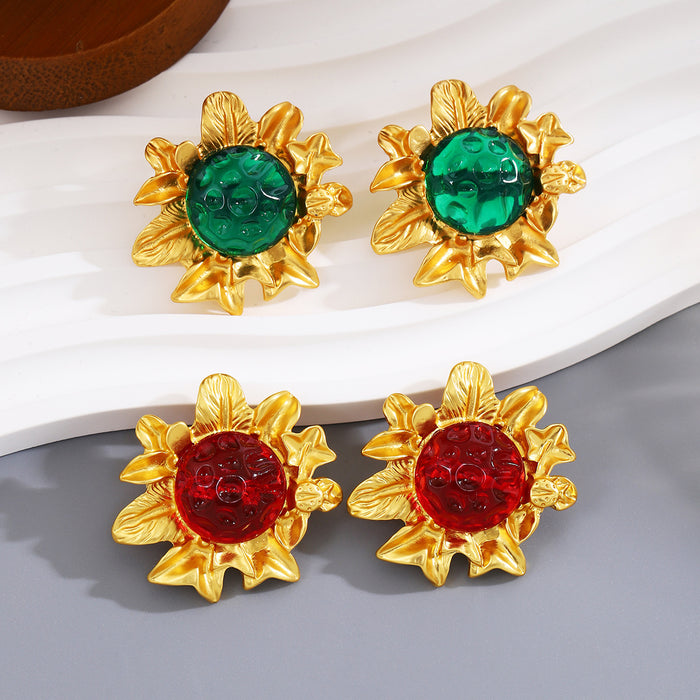 Gold Leaf Flower Stud Earrings Green and Red Cabochons