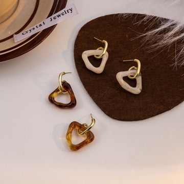 Triangle Resin Drop Earrings Gold Hoop Caramel White