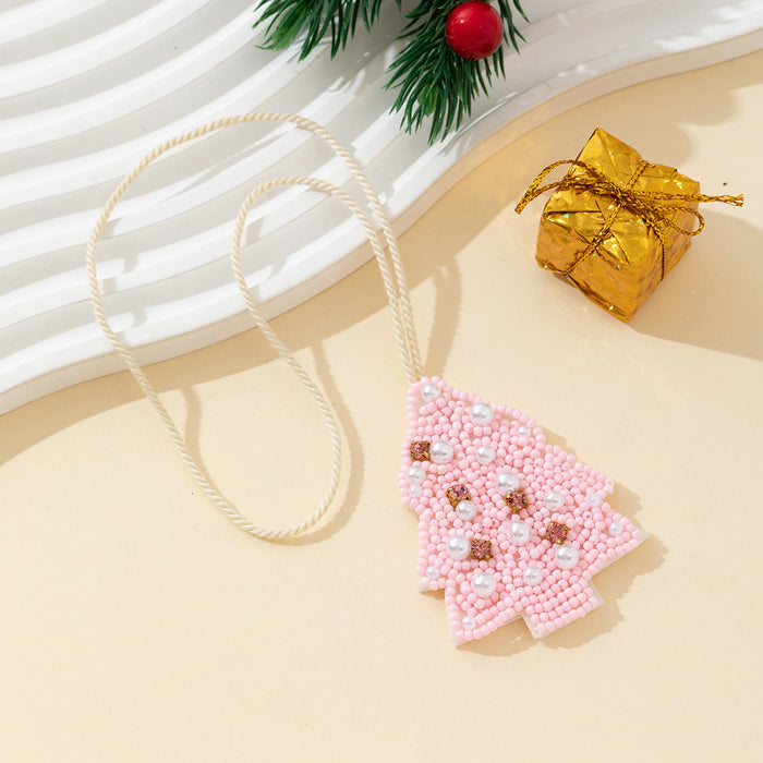 Beaded Pink Christmas Tree Pendant Necklace With Pearl Accents