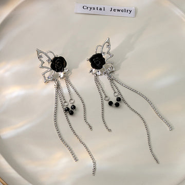 Black Rose Butterfly and Silver Chain Tassel Stud Earrings