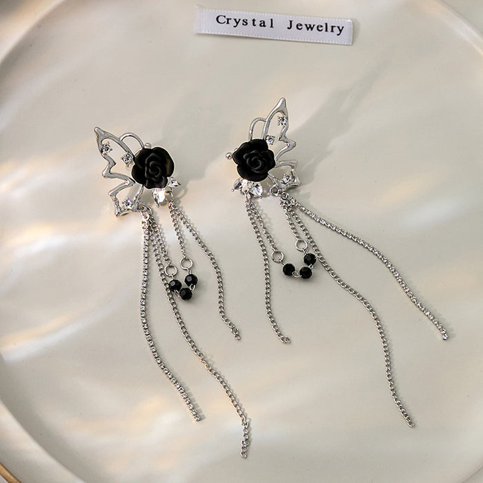 Black Rose Butterfly and Silver Chain Tassel Stud Earrings