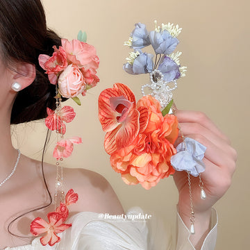 Fabric Flower Duckbill Hair Clips With Tassel Chains
