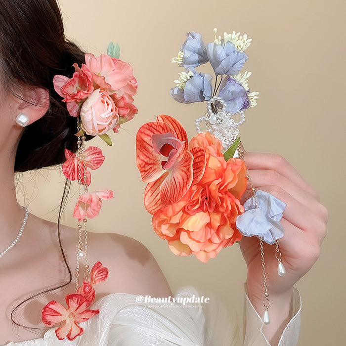 Fabric Flower Duckbill Hair Clips With Tassel Chains