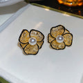 Pearl Center Gold Tone Floral Stud Earrings Jewelry Accessory view 6