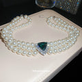 Three Row Pearl Collar Necklace with Green Triangle Accent view 2