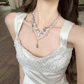 Layered Silver Tone Pearl Statement Necklace with Teardrop view 3