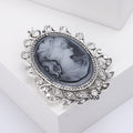 Oval Cameo Portrait Brooch With Crystal Leaf Frame in Two Finishes view 3
