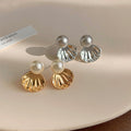 Pearl Shell Fan Metal Stud Earrings Gold Silver Pair view 3