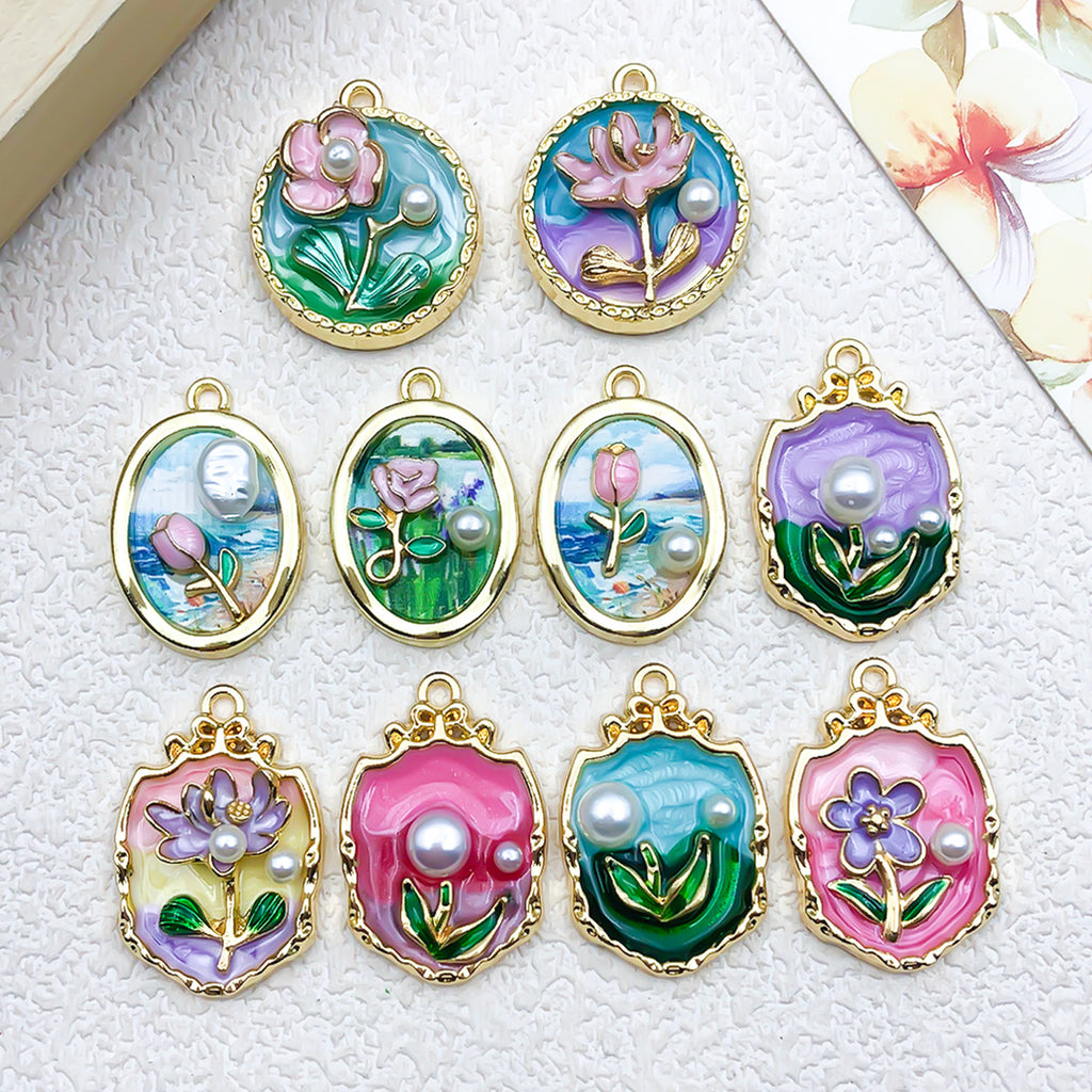 Zinc Alloy Enamel Monet Garden Oil Painting Flower Charm Pendant for DIY Jewelry