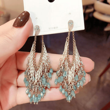 Silver Tone Beaded Teardrop Earrings in Blue and Pink