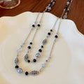 Silver Flower Charm Pearl Double Layer Necklace Set view 6