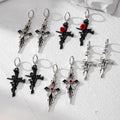 Silver Tone Gothic Cross Rose and Crystal Huggie Drop Earrings view 1