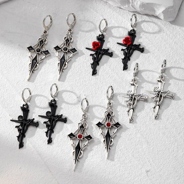 Gothic Cross Rose and Crystal Huggie Drop Earrings in Silver Tone