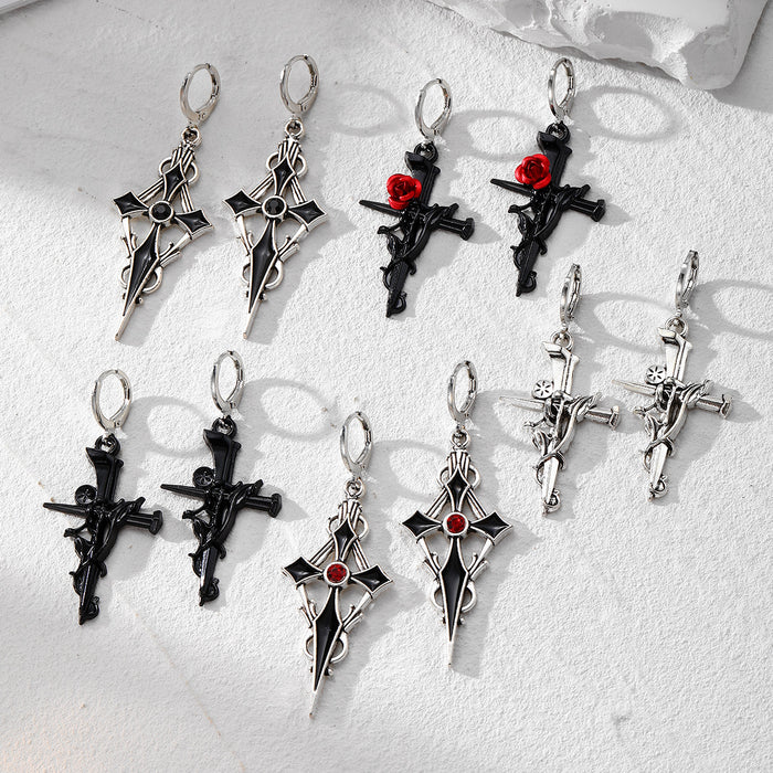 Silver Tone Gothic Cross Rose and Crystal Huggie Drop Earrings