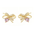 Gold Bow Pink Heart Drop Stud Earrings Zircon Pair view 5