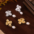 Flower Drop Earrings Freshwater Pearl Gold Silver Metal view 4