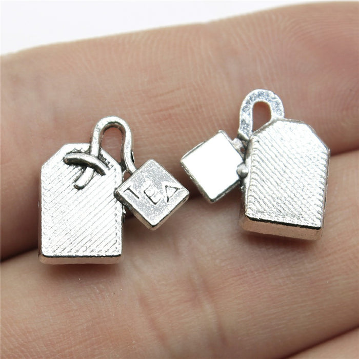 Tea Bag and Tag Shaped Antique Silver Metal Pendant Charm