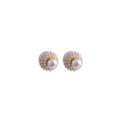 White Pearl Look Ball and Gold Beaded Curve Stud Earrings view 5