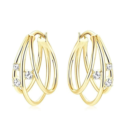 Pair of gold multi-loop clear stone hoop earrings facing forward
