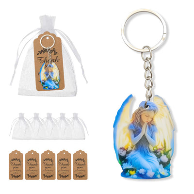 Blue praying angel wood keychain with bags and kraft tags