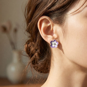 Purple Five Petal Flower Clear Center Stud Earrings