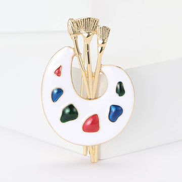 White Enamel Artist Palette Paintbrush Brooch Gold Tone
