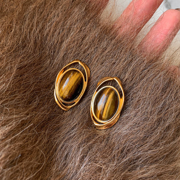 Gold Tone Oval Brown Cabochon Framed Stud Earrings