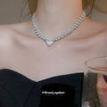 White Pearl and Crystal Heart Layered Necklace with Detailed Finish view 3