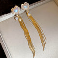 Iridescent Heart and Gold Chain Tassel Earrings with Polished Metal Details view 6