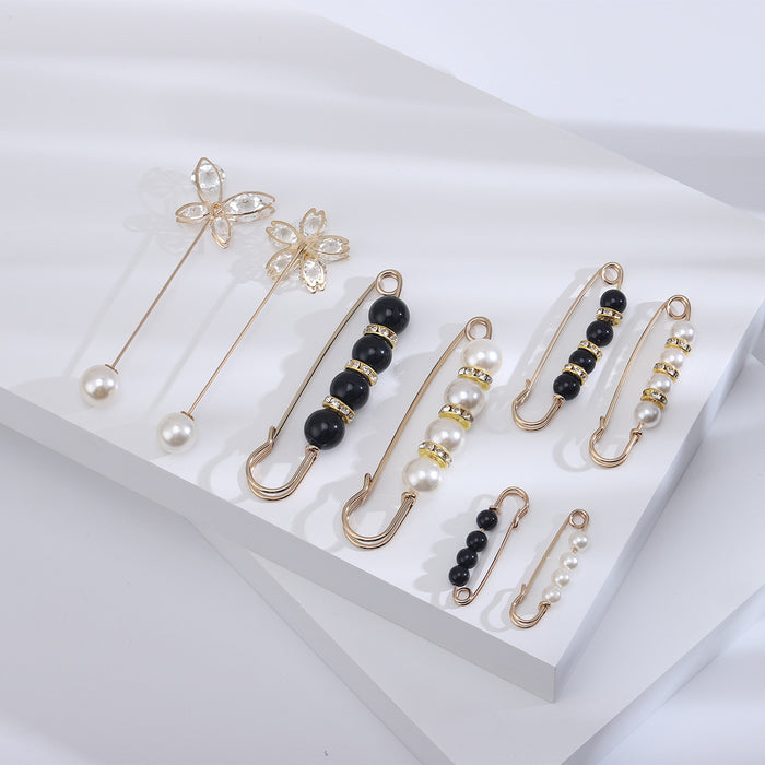 Long Safety Pin Brooch Set with Faux Pearls Decorative Lapel Pin