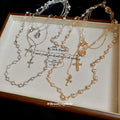Silver Multi Layer Pearl Cross Medal Necklace Four Piece Set view 2