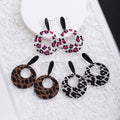 Brown Black White and Pink Leopard Print Ring Dangle Earrings view 1