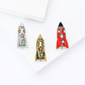 Enamel Rocket Metal Brooch in Red Antique Gold and Silver view 2