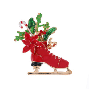 Christmas Ice Skate Enamel Brooch in Red or White, Gold-Tone Alloy