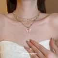 Gold Double Layer Pink Butterfly Pearl Crystal Charm Necklace view 3