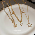 Gold Multilayer Star Pearl Necklace Set Three Layer Chains view 4