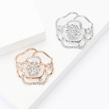 Openwork Rose Flower Brooch Crystal Center Rose Gold Silver