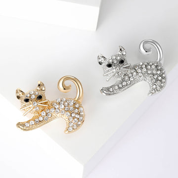 Playful Stretching Crystal Cat Brooch in Silver or Gold Tone