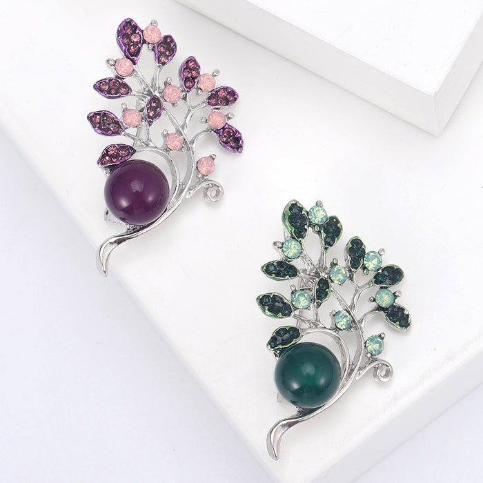 Branch With Pearl Brooch In Metal With Faceted Crystal Leaves And A Large Colored Round