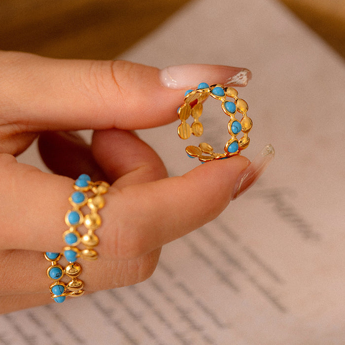 Open Turquoise Cabochon Ring Gold Or Steel Titanium