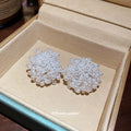 White Beaded Cluster Flower Stud Earrings With Rounded Petals view 2