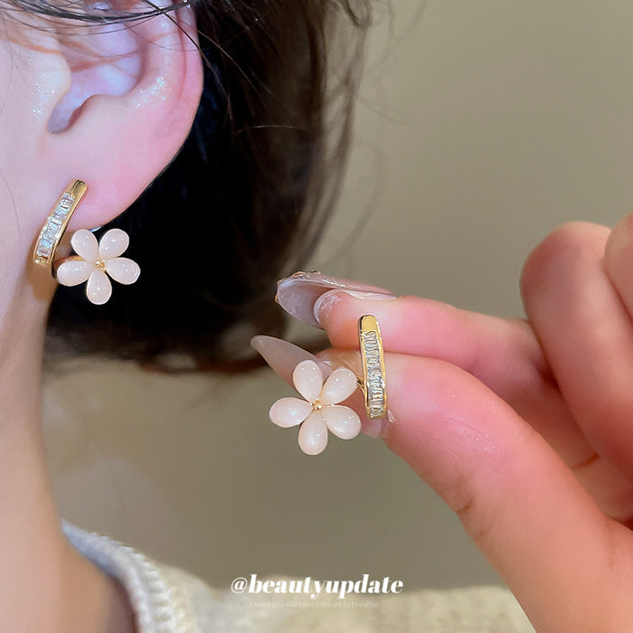 Gold Pink Flower Ear Climber Stud Earrings Decorative Jewelry